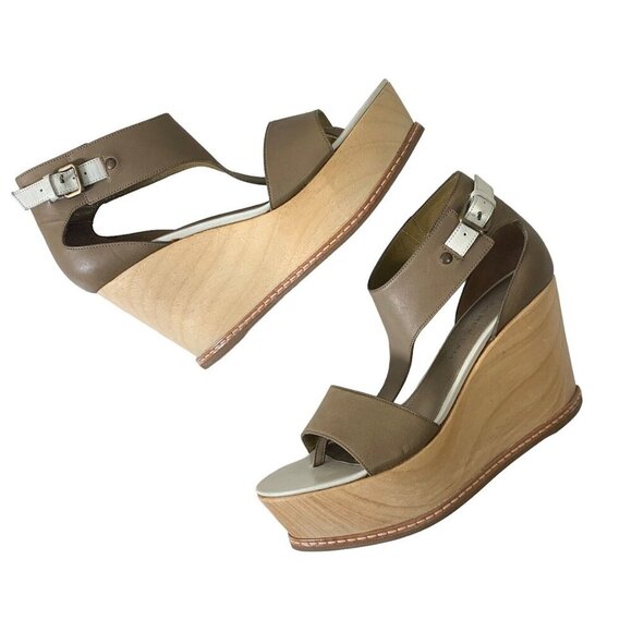 Derek Lam 38 Wedge Sandals Open Toe Side Buckle Green Brown Leather 3.5" heel - Picture 1 of 8